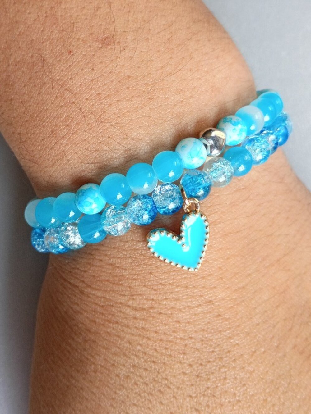 Handmade Ocean Blue Crackle Glass Heart Bracelet Stack (2-Piece Set)